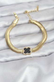 Evimdeyokyok 316L Çelik Gold Renk Siyah Yonca Model Zirkon Taşlı Yılan Zincirli Kadın Bileklik Tj-Bb8156