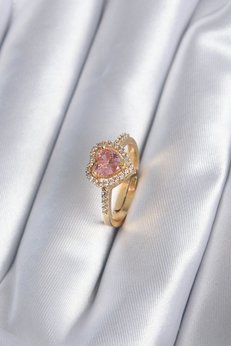 Evimdeyokyok Pirinç Gold Renk Pembe Zirkon Taş Kalp Charm Model Kadın Yüzük Tj-Byk2860