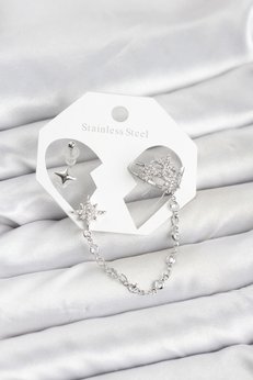 Clariss Kutup Yıldızı Model Pirinç Gümüş Renk Zincir Bağlantılı Ear Cuff Küpe Seti