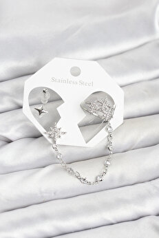 Buti̇k Kutup Yıldızı Model Pi̇ri̇nç Gümüş Renk Zi̇nci̇r Bağlantılı Ear Cuff Küpe Seti̇