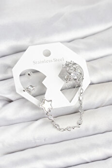 Buti̇k Pi̇ri̇nç Gümüş Renk Yıldız Model Zi̇nci̇r Bağlantılı Ear Cuff Küpe Seti̇