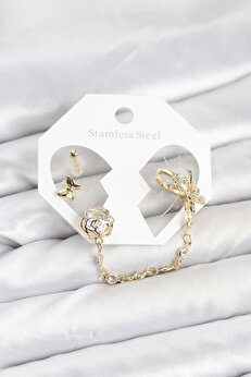 Buti̇k Pi̇ri̇nç Gold Renk Kelebekli̇ Model Zi̇nci̇r Bağlantılı Ear Cuff Küpe Seti̇