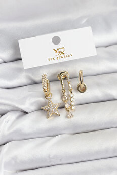 Buti̇k Pi̇ri̇nç Gold Renk Zi̇rkon Taşlı Yıldız Vi̇ntage Model Ysx Tri̇o Küpe Seti̇