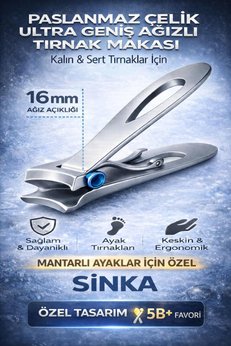 SİNKA Paslanmaz Ultra Geniş Ağızlı Tırnak Makası Kalın Mantarlı Sert Tırnak Yapısı Özel Tasarım