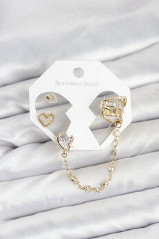 Clariss Pirinç Gold Renk Kalp Model Zincir Bağlantılı Ear Cuff Küpe Seti
