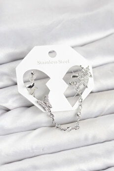 Buti̇k Pi̇ri̇nç Gümüş Renk Kelebek Model Zi̇nci̇r Bağlantılı Ear Cuff Küpe Seti̇