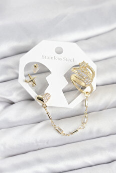 Buti̇k Kalp Yıldız Model Pi̇ri̇nç Gold Renk Zi̇nci̇r Bağlantılı Ear Cuff Küpe Seti̇