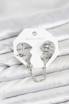 Buti̇k Pi̇ri̇nç Gümüş Renk Sarmal Model Zi̇nci̇r Bağlantılı Ear Cuff Küpe Seti̇