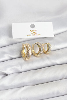 Buti̇k Pi̇ri̇nç Gold Renk Zi̇rkon Taşlı Halka Model Ysx Tri̇o Küpe Seti̇