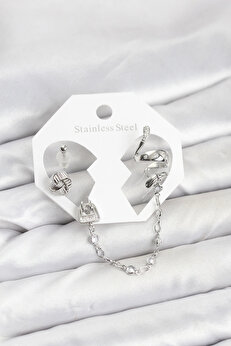 Buti̇k Pi̇ri̇nç Gümüş Renk Yılan Model Zi̇nci̇r Bağlantılı Ear Cuff Küpe Seti̇