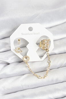 Buti̇k Uzay Model Pi̇ri̇nç Gold Renk Zi̇nci̇r Bağlantılı Ear Cuff Küpe Seti̇