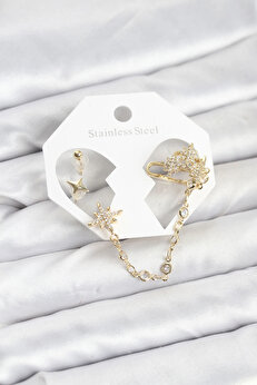 Buti̇k Kutup Yıldızı Model Pi̇ri̇nç Gold Renk Zi̇nci̇r Bağlantılı Ear Cuff Küpe Seti̇