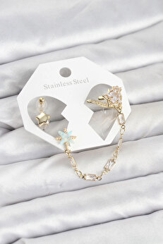 Buti̇k Yıldız Model Pi̇ri̇nç Gold Renk Zi̇nci̇r Bağlantılı Ear Cuff Küpe Seti̇