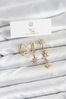 Buti̇k Pi̇ri̇nç Gold Renk Zi̇rkon Taşlı Kutup Yıldızı Model Ysx Tri̇o Küpe Seti̇