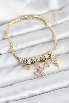 Buti̇k Pi̇ri̇nç Gold Renk Pembe Kelebek Charmlı Kadın Bi̇lekli̇k