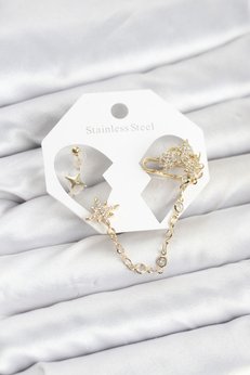Evimdeyokyok Kutup Yıldızı Model Pirinç Gold Renk Zincir Bağlantılı Ear Cuff Küpe Seti Tj-Bkp11550