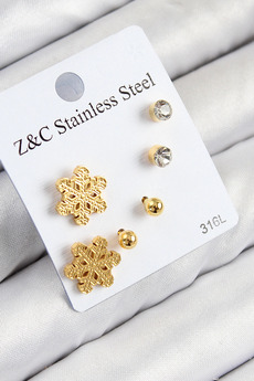 Eco Lounge 316L Çelik Zirkon Taşlı Kar Tanesi Model Gold Renk Kadın Set Küpe