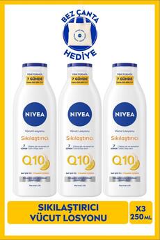 NIVEA Q10 7 Günde Sıkılaştırıcı Vücut Losyonu 250ml C Vitamini Nemlendirici Bez Çanta Hediye X3 Adet