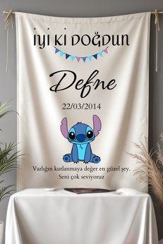 Puppetzzz Stitch Temalı isimli Doğum Günü Flama Afiş Duvar Örtüsü Büyük Boy
