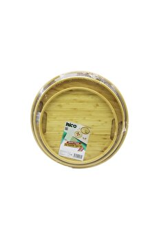 Go İthalat Yuvarlak - 3 Boy Bambu Ahşap Tepsi̇ Seti̇ 30--35--38Cm