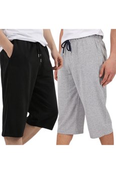 Relax family xf Erkek Siyah Gri 2'li Set Uzun Penye Şort & Bermuda Kapri Yazlık Pamuklu Slim Fit