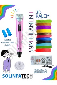 SolinpaTech Pembe 3d Kalem 3d Pen Yazıcı Kalem | Çok Renkli Filament Usb Kablo