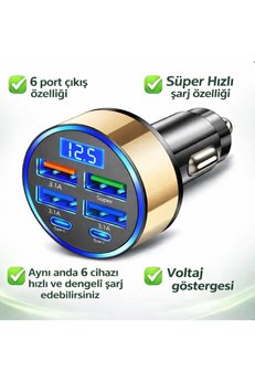UGS Ticaret Dijital Ekranlı 6 Çıkışlı Süper Hızlı Araç Içi Şarj Aleti Başlığı