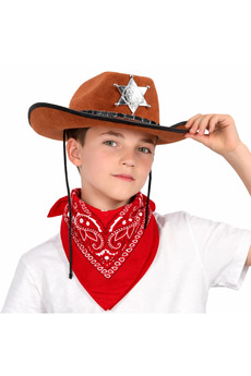 Evimdeyokyok Çocuk Kovboy Şapka Rozetli Kahverengi Kırmızı Bandana Seti