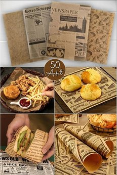 Kitchen Beauty Kendinden Desenli Yağlı Kağıt | 50 Adet Vintage Gazete Desen Sunum Kağıdı | Karışık Desen