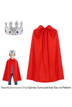 Evimdeyokyok Eva Malzemeden Gümüş Yumuşak Kral Tacı Ve Kırmızı Pelerin Seti