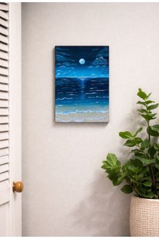 Nobrent El Boyaması Akrilik Tablo -Gece Ve Deniz Manzaralı Modern Sanat (25-35 Cm)