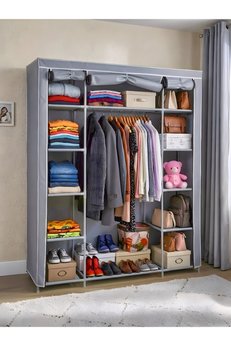 Asude Home Bez Dolap Ruba Çift Yandan Raflı Portatif Gardırop Güçlendirilmiş Pvc Profil Gri