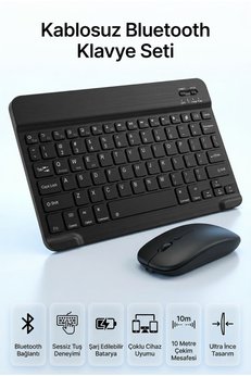 Arfseb Kablosuz Klavye Mouse Seti Telefon Tablet ve PC Uyumlu Wireless Sessiz Slim Tasarım- Siyah