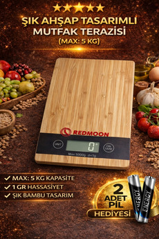 REDMOON Ahşap Lüks Dijital Ekranlı 5 Kg 1 Gr Çok Şık Hassas Elektronik Mutfak Terazisi