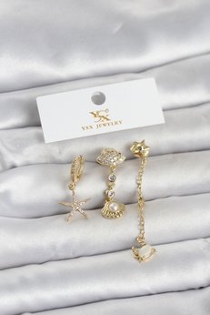 Evimdeyokyok Pirinç Gold Renk Zirkon Taşlı Deniz Temalı 3 Lü Kadın Küpe Tj-Bkp11703