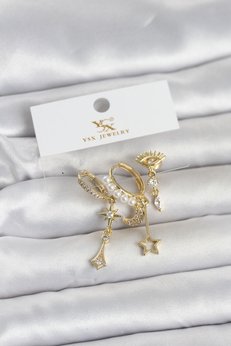 Evimdeyokyok Pirinç Gold Renk Zirkon Taşlı Gece Temalı 3 Lü Kadın Küpe Tj-Bkp11705
