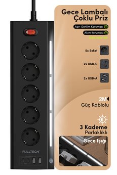 Fulltech FTR-26 Akım Korumalı Priz Siyah 9’lu 3680W 16A 2 Metre Kablol