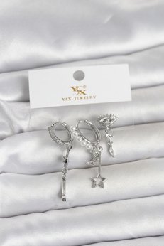 Evimdeyokyok Pirinç Gümüş Renk Zirkon Taşlı Gece Temalı 3 Lü Kadın Küpe Tj-Bkp11704