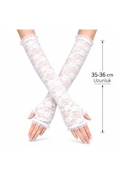 Evimdeyokyok Uzun Zarif Dantel Eldiven Parmaksız Beyaz 35 Cm