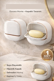 Kitchen Beauty Yapışkanlı Hazneli Kapaklı Katı Sabunluk Kendinden Boşaltmalı Su Tutmaz Katı Sabunluk Sabun Kutusu