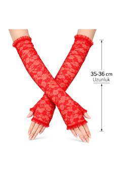 Evimdeyokyok Uzun Zarif Dantel Eldiven Parmaksız Kırmızı 35 Cm