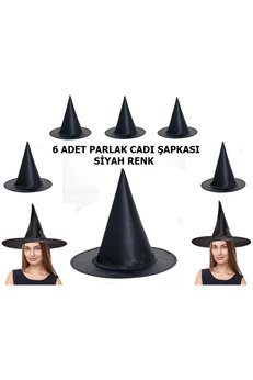 Evimdeyokyok Siyah Renk Parlak Dralon Cadı Şapkası Yetişkin Ve Çocuk Uyumlu 6 Adet