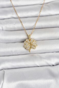 Tj 316L Çeli̇k Gold Renk Açılabi̇li̇r Yonca Model Zi̇rkon Taşlı Kadın Kolye Tj-Bko11048
