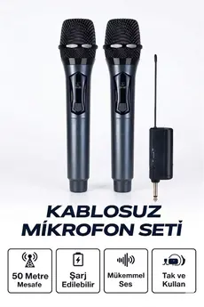Evimdeyokyok Profesyonel Çiftli Kablosuz Mikrofon Seti Karaoke Şarj Edilebilir 50 Metre