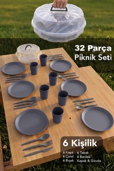Meleni Home 32 Parça 6 Kişilik Piknik Seti - Taşınabilir Saklama Kutulu Outdoor Kamp Bahçe Servis Seti Gri