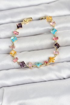 Evimdeyokyok Kristal Taşlı Kesimli Karışık Renkli Gold Renk Gema Kadın Bileklik Tj-Bb8531