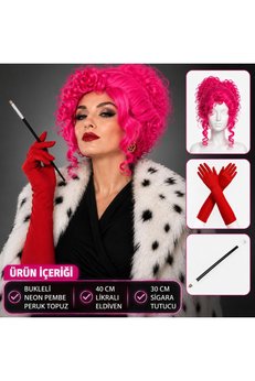 Evimdeyokyok Neon Bukleli Pembe Peruk Uzun Kumaş Kırmızı Eldiven Ve Tutucu Seti (3 Parça)