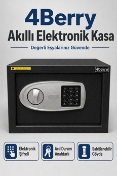 4 Berry Elektronik Şifreli Çelik Kasa – Duvar ve Zemin Montajlı Acil Anahtarlı 9 Litre - Siyah