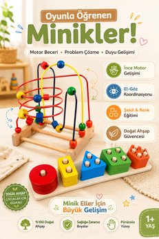 YILDIRIM OYUNCAK Büyük boy Ahşap Koordinasyon Oyunu Helezon Yay Ve Ahşap 5li Geometrik Şekilli Bultak 2li Set