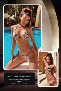 Vitaliselanfashion Kadın Leopar Desenli Yandan Bağlamalı Bikini Mayo Takımı